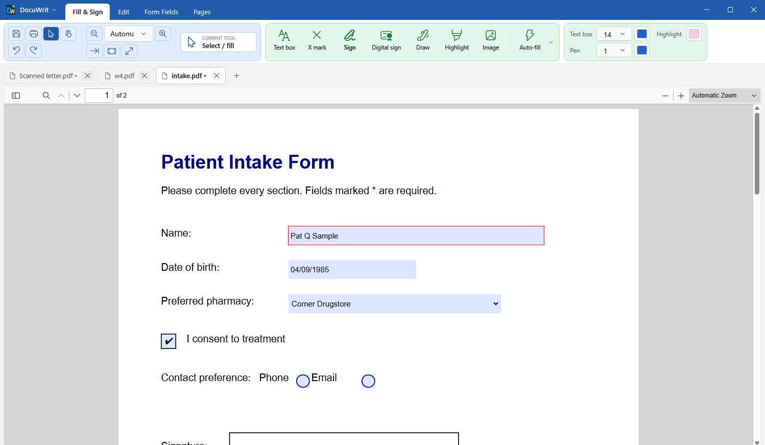 DocuWrit with a PDF form open on the Fill and Sign tab