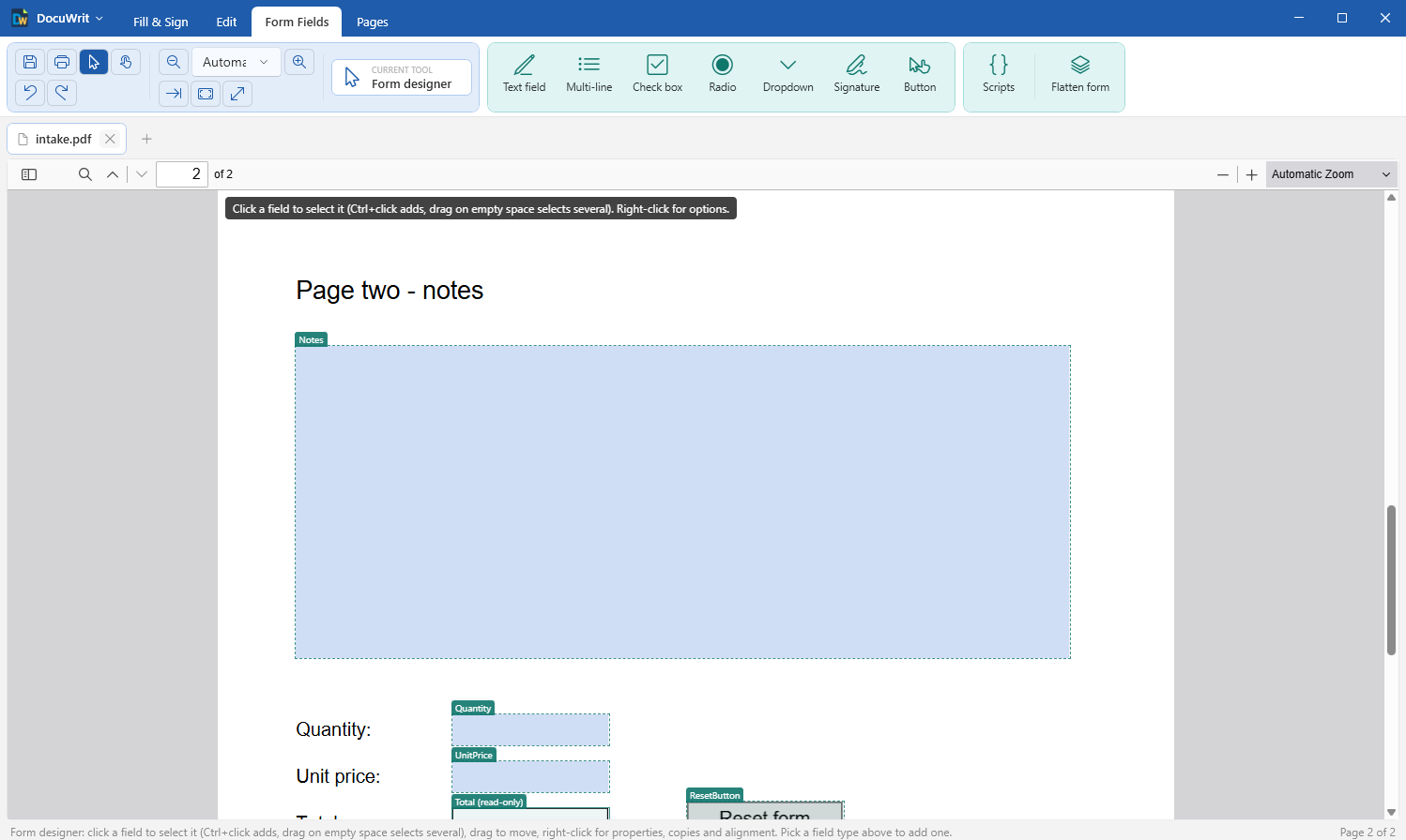 DocuWrit form designer showing named fields that can be moved, aligned and configured