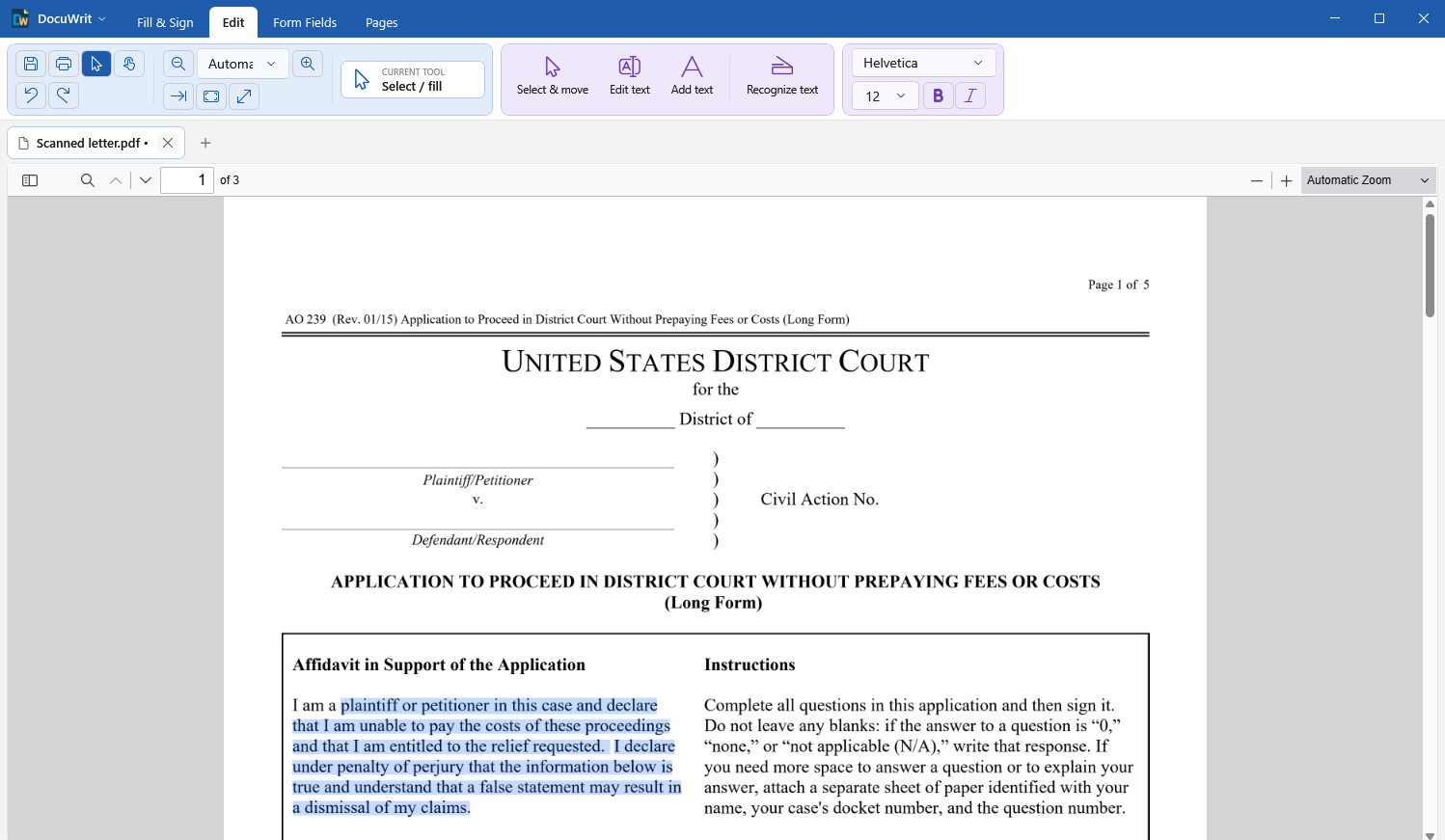 DocuWrit with a scanned page whose recognized text is selected with the mouse