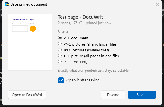DocuWrit Printer dialog offering to save a printed document as PDF, PNG, JPEG, TIFF or plain text