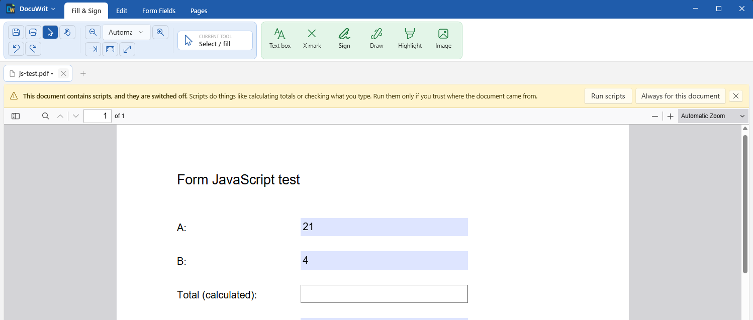 DocuWrit showing a yellow bar: This document contains scripts, and they are switched off