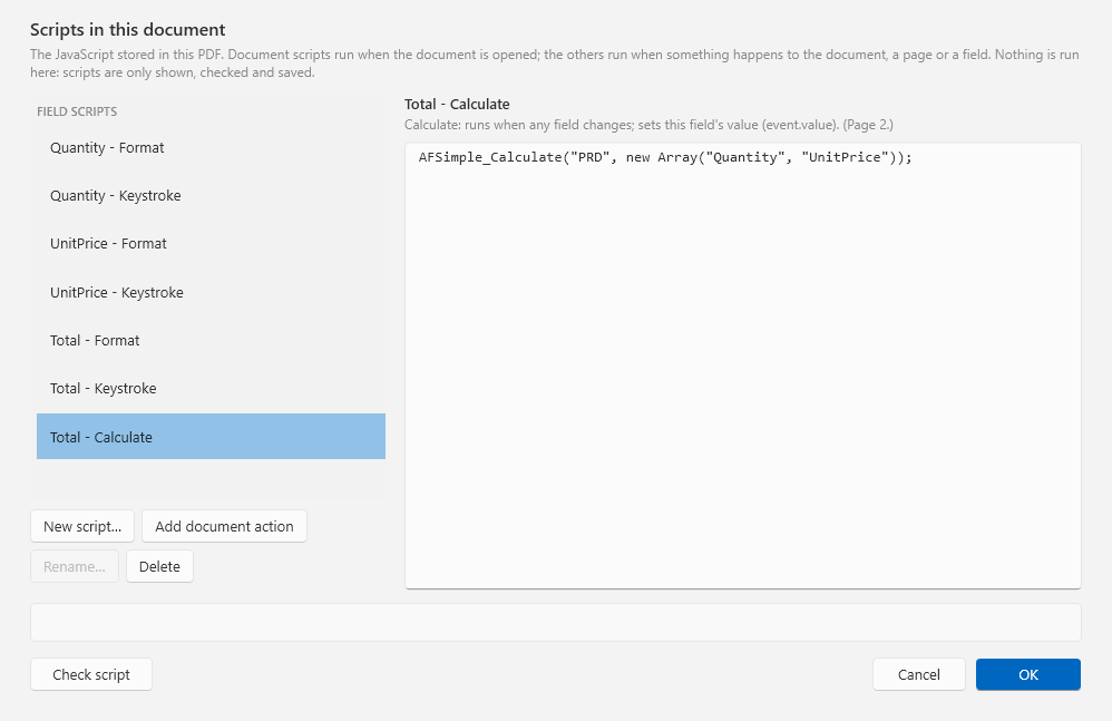DocuWrit Scripts window listing the format, keystroke and calculate scripts of a form's fields