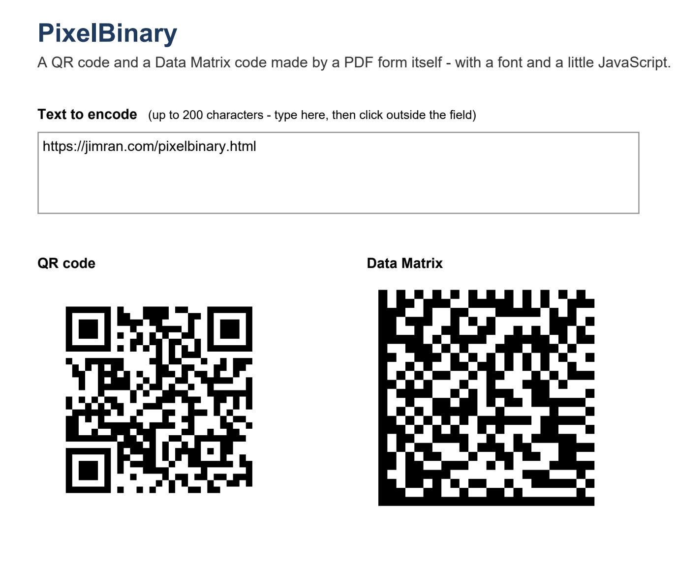 The PixelBinary example form: a text field, and below it a QR code and a Data Matrix code made from the text